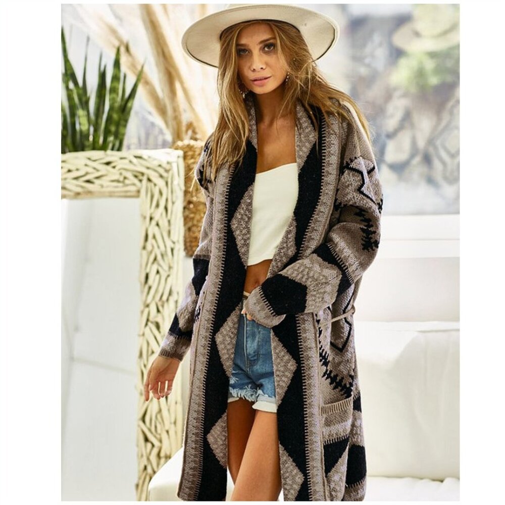 New Tribal Boho Western Ski Montana Cardigan Sweater Coat - Picture 5 of 6